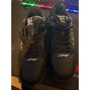 Ed Hardy Free Forever Black Skull Flame Tattoo Graphic Low Top Sneakers Mens